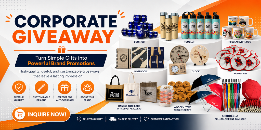 Corporate giveaways - mugs, tumblers, notebooks, clocks, fans, tote bags and umbrellas with your logo