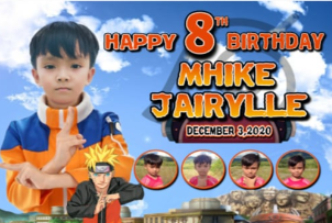 Personalized Naruto-themed 8th birthday tarpaulin banner with photos