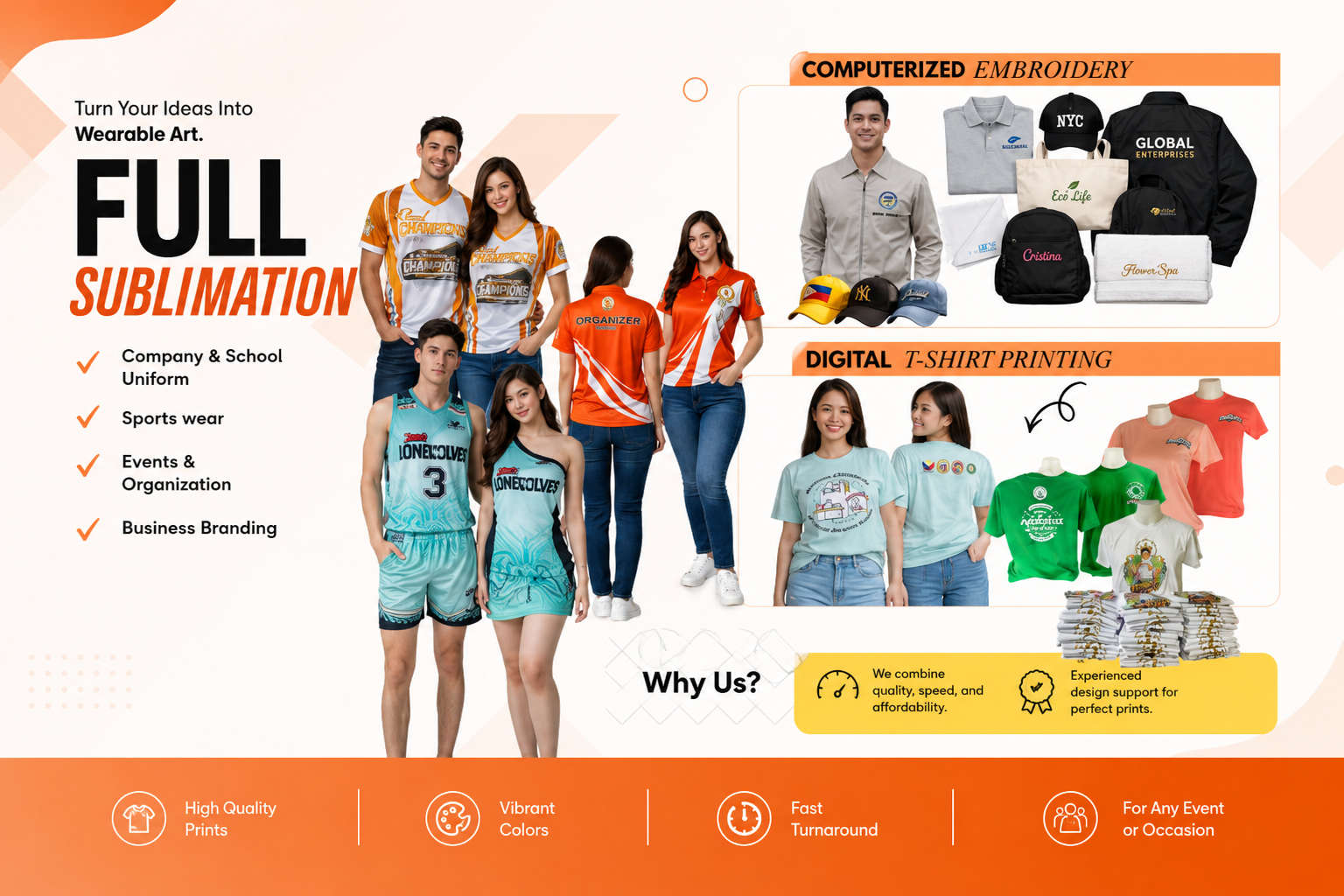 Full sublimation uniforms, computerized embroidery and digital t-shirt printing