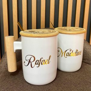 Nordic ceramic mugs with wooden handle and gold names