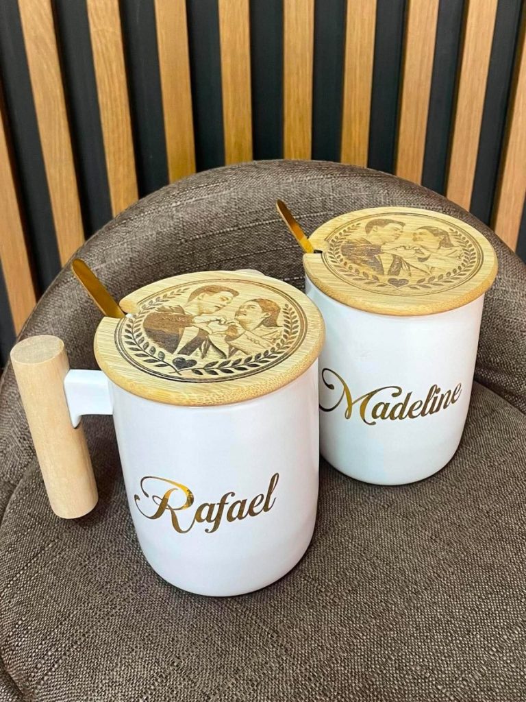 Nordic ceramic mugs with engraved bamboo lids