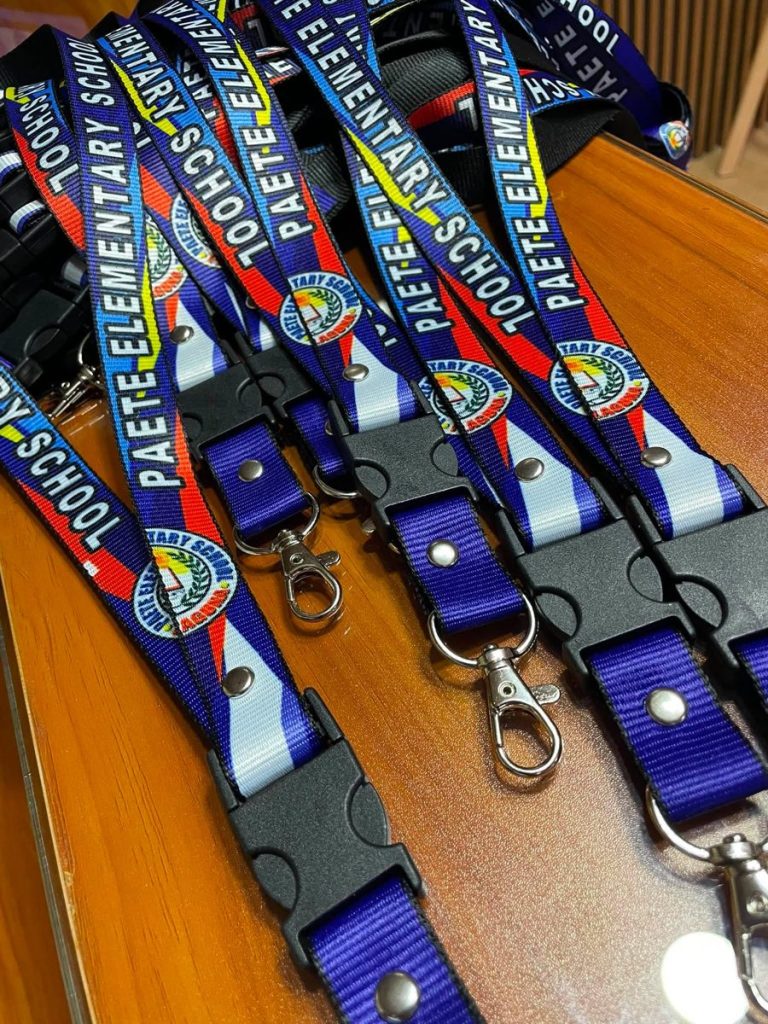 Close-up of printed ID lanyards with hooks