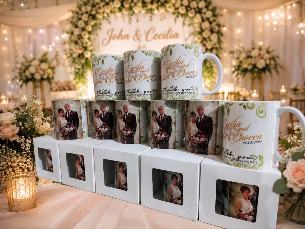 White sublimation wedding souvenir mugs with gift boxes